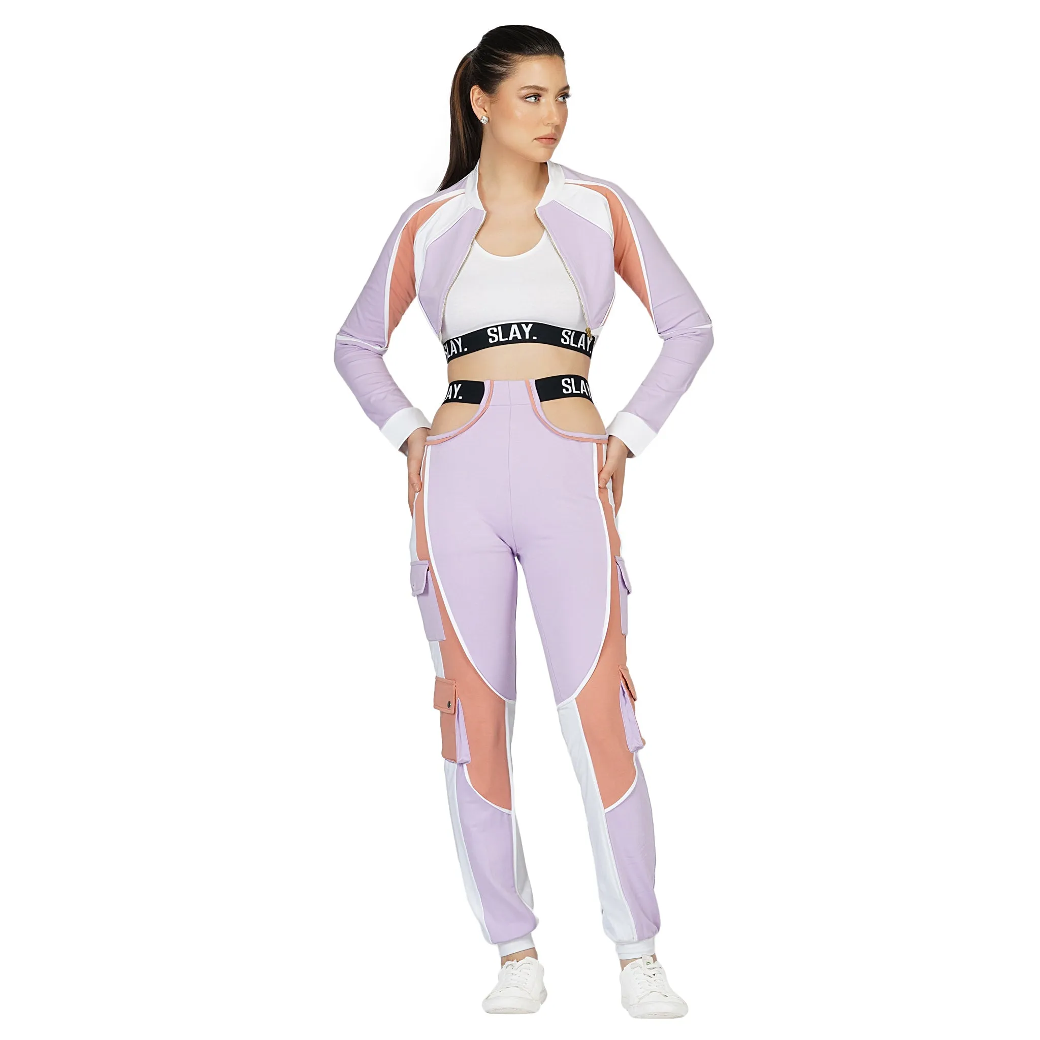 SLAY. Women's Crop Jacket Lavender Lilac Nude White