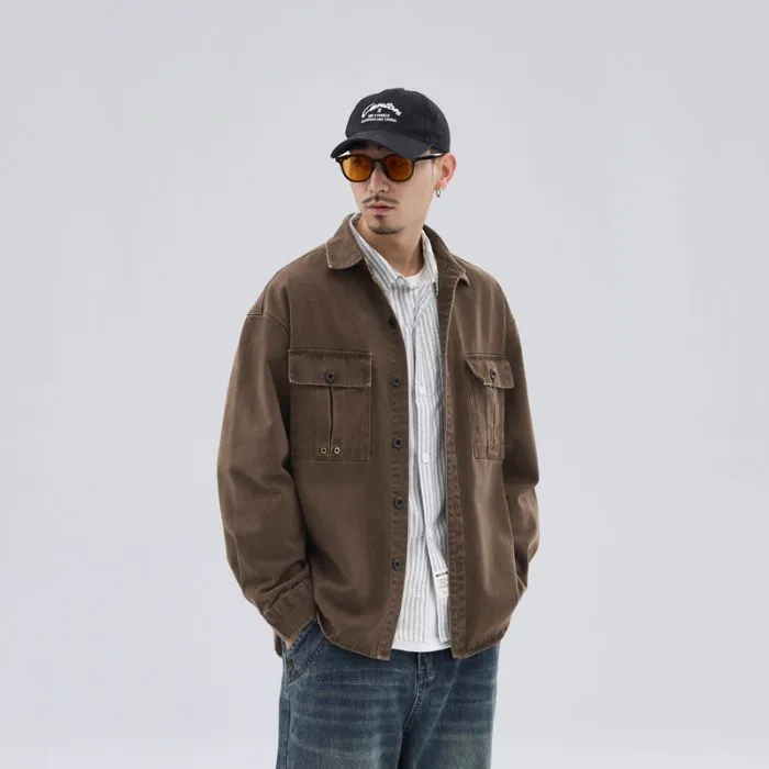 Solid Color Denim Trucker Jacket with Flap Pocket Design