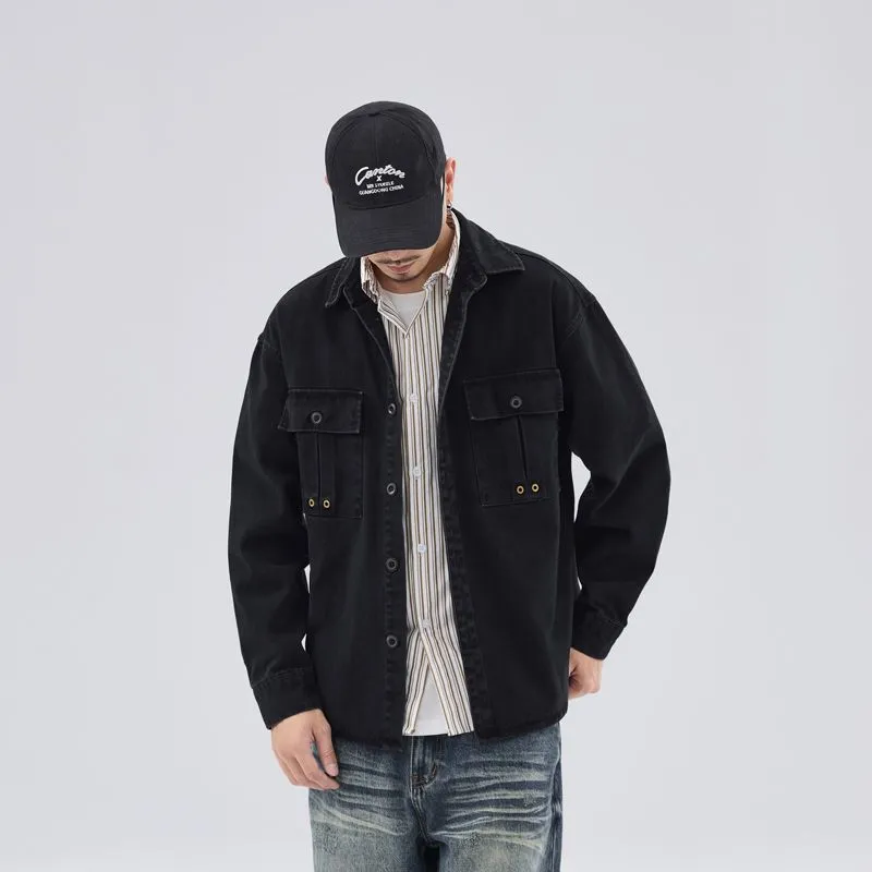 Solid Color Denim Trucker Jacket with Flap Pocket Design