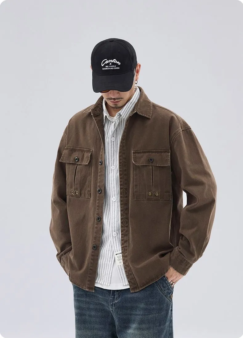 Solid Color Denim Trucker Jacket with Flap Pocket Design