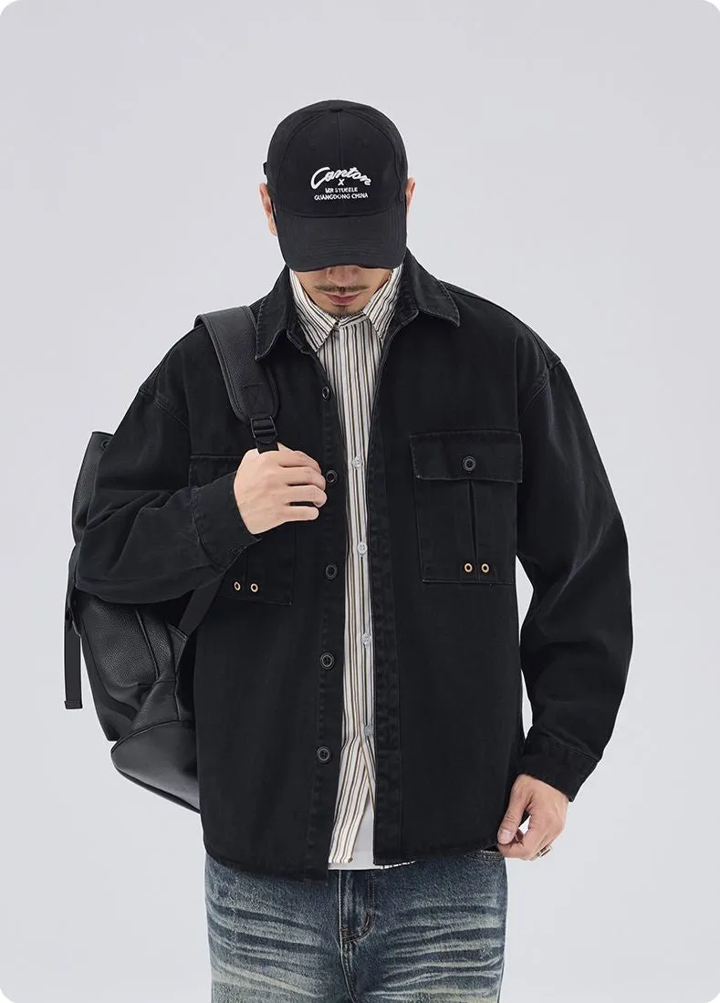Solid Color Denim Trucker Jacket with Flap Pocket Design