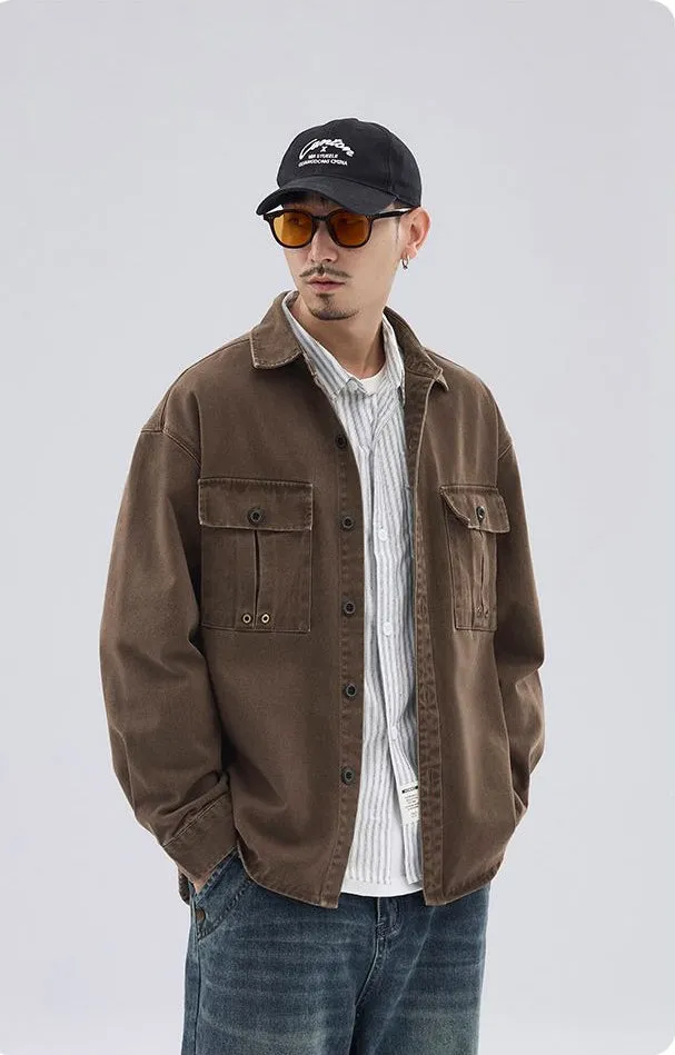 Solid Color Denim Trucker Jacket with Flap Pocket Design