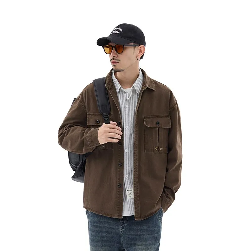 Solid Color Denim Trucker Jacket with Flap Pocket Design