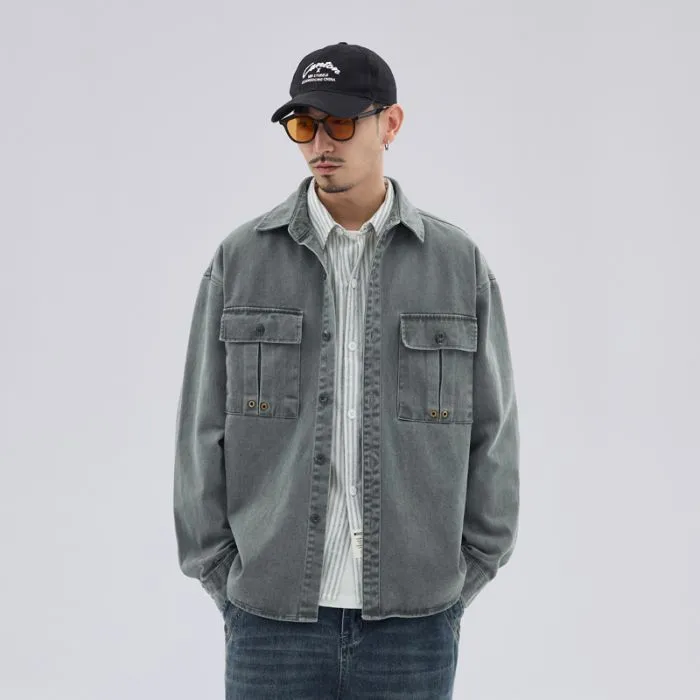 Solid Color Denim Trucker Jacket with Flap Pocket Design