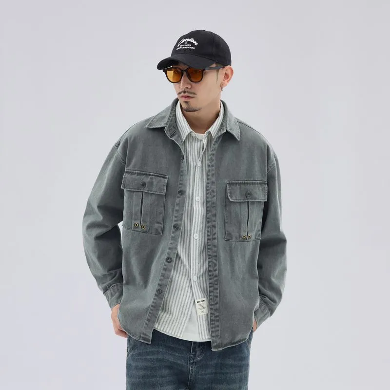 Solid Color Denim Trucker Jacket with Flap Pocket Design