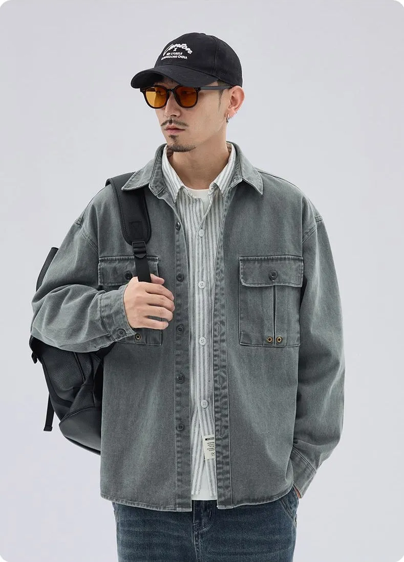 Solid Color Denim Trucker Jacket with Flap Pocket Design