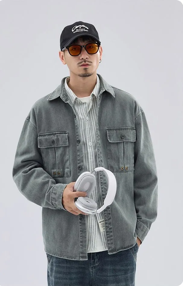 Solid Color Denim Trucker Jacket with Flap Pocket Design