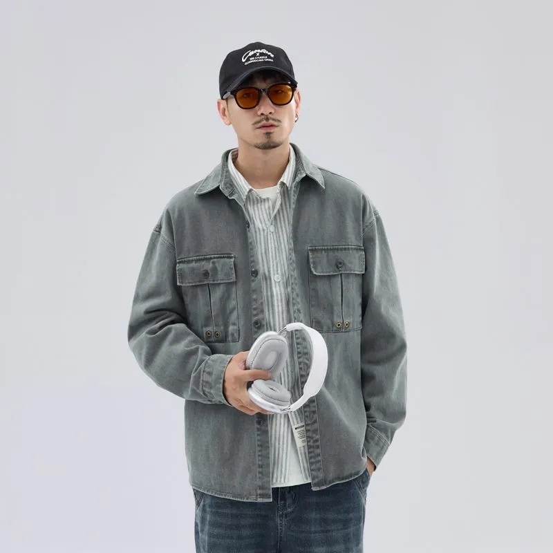 Solid Color Denim Trucker Jacket with Flap Pocket Design