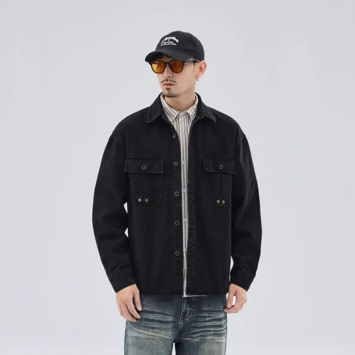 Solid Color Denim Trucker Jacket with Flap Pocket Design