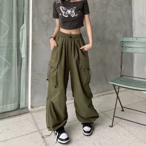 Solid Green Parachute Cargo Pants
