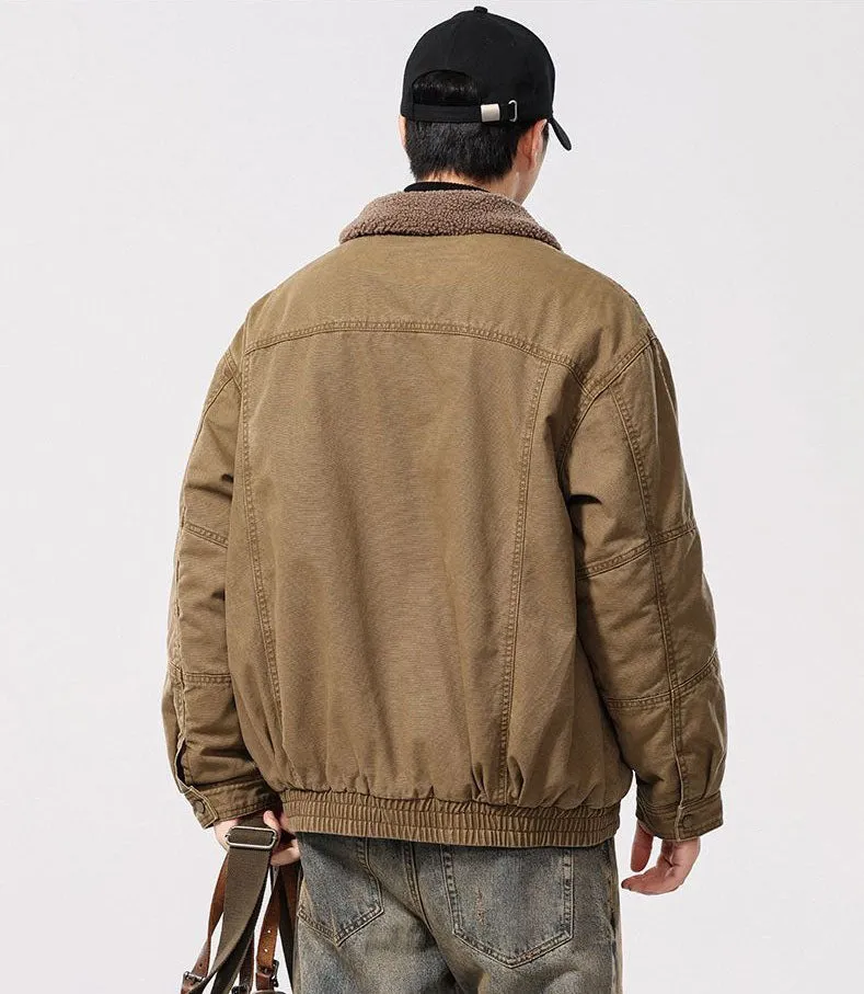 Solid Vintage Trucker Jacket with Warm Fleece-Lined Interior