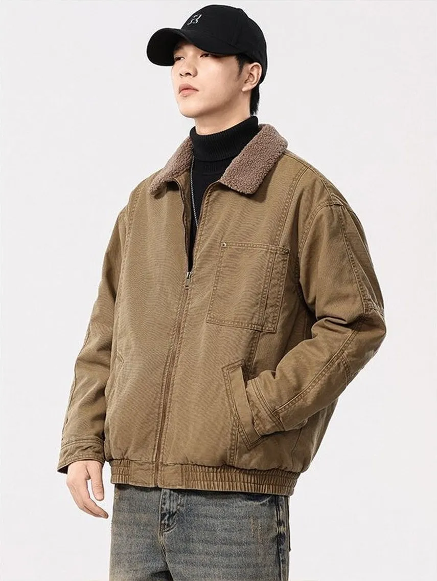 Solid Vintage Trucker Jacket with Warm Fleece-Lined Interior