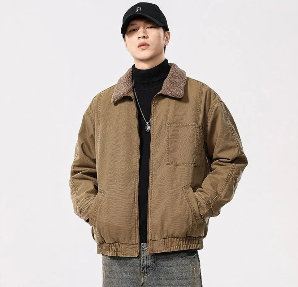 Solid Vintage Trucker Jacket with Warm Fleece-Lined Interior