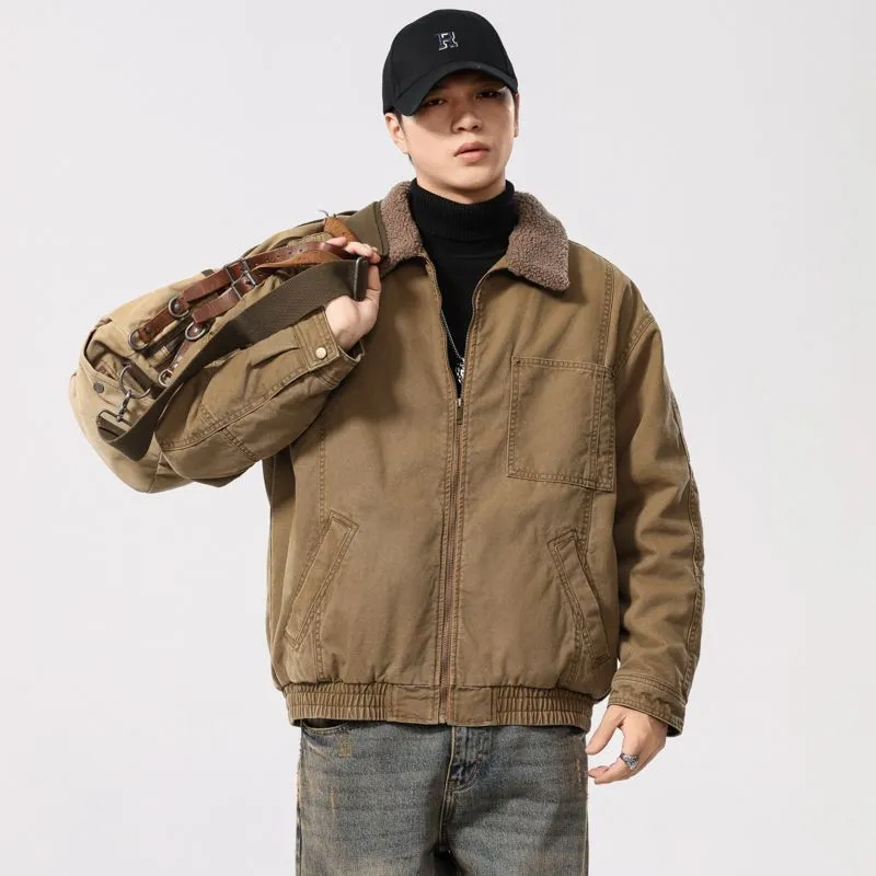 Solid Vintage Trucker Jacket with Warm Fleece-Lined Interior