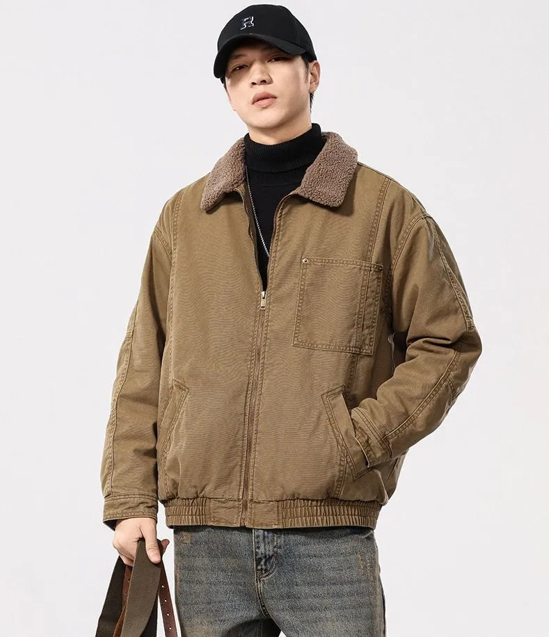 Solid Vintage Trucker Jacket with Warm Fleece-Lined Interior