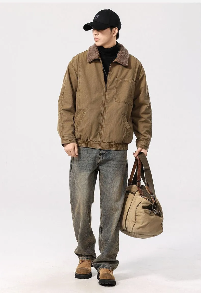 Solid Vintage Trucker Jacket with Warm Fleece-Lined Interior