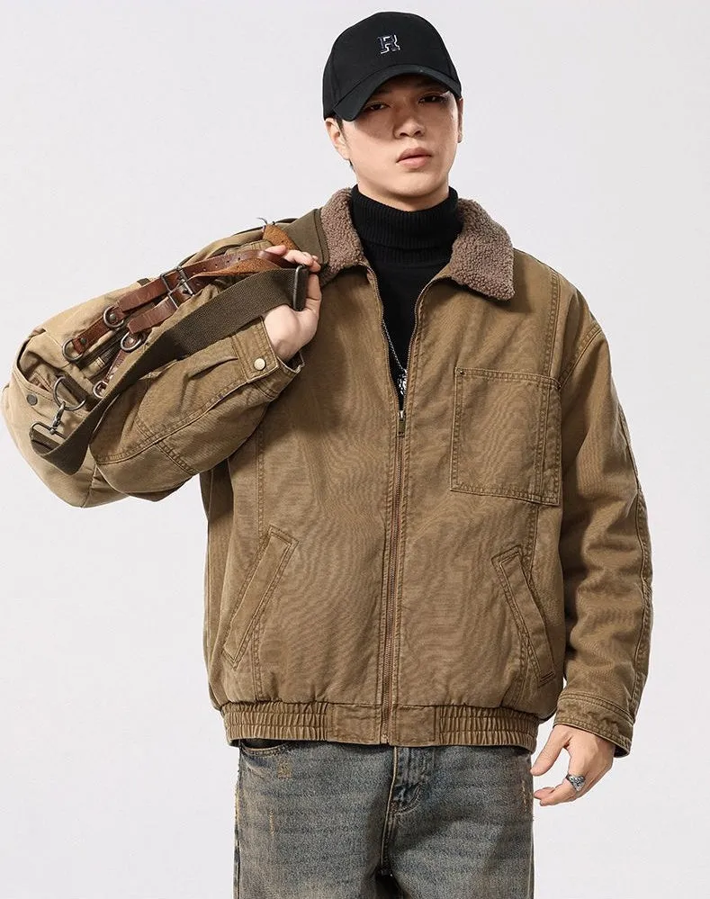 Solid Vintage Trucker Jacket with Warm Fleece-Lined Interior