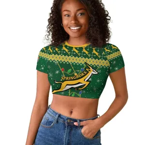 South Africa Christmas Rugby Raglan Cropped T shirt Springboks Geseende Kersfees LT15