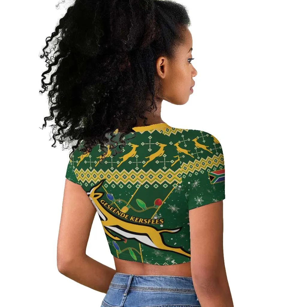 South Africa Christmas Rugby Raglan Cropped T shirt Springboks Geseende Kersfees LT15