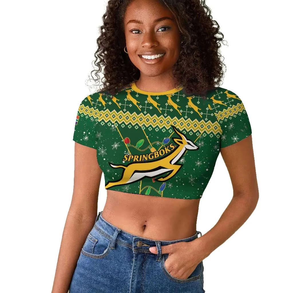 South Africa Christmas Rugby Raglan Cropped T shirt Springboks Geseende Kersfees LT15