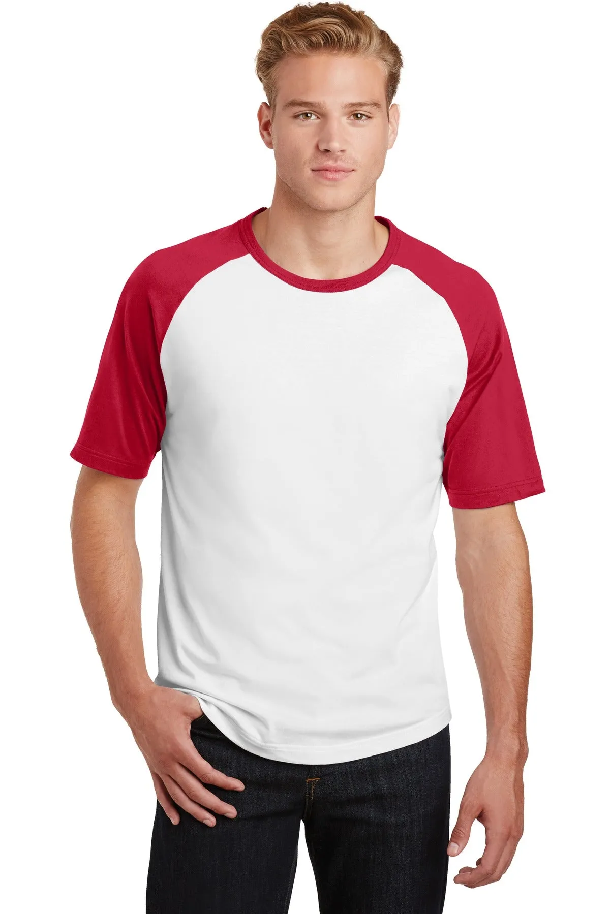 Sport-Tek Short Sleeve Colorblock Raglan Jersey. T201 White/ Red