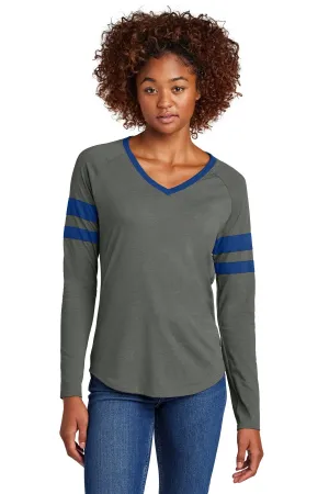 Sport-Tek Women's Halftime Stripe Long Sleeve V-Neck Tee LST6043 True Royal/ Vintage Heather