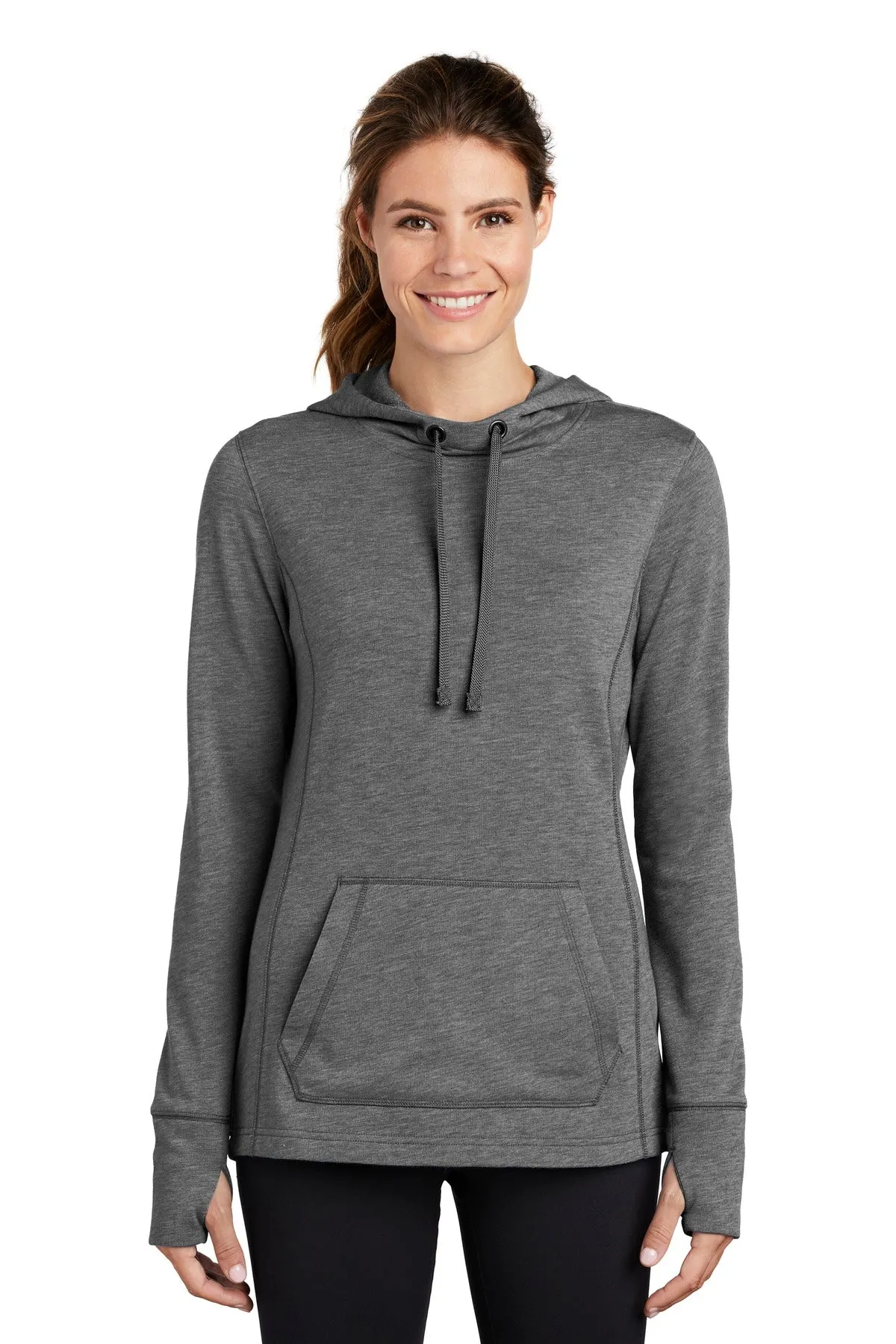 Sport-Tek  Women's PosiCharge  Tri-Blend Wicking Fleece Hooded Pullover. LST296 Dark Grey Heather