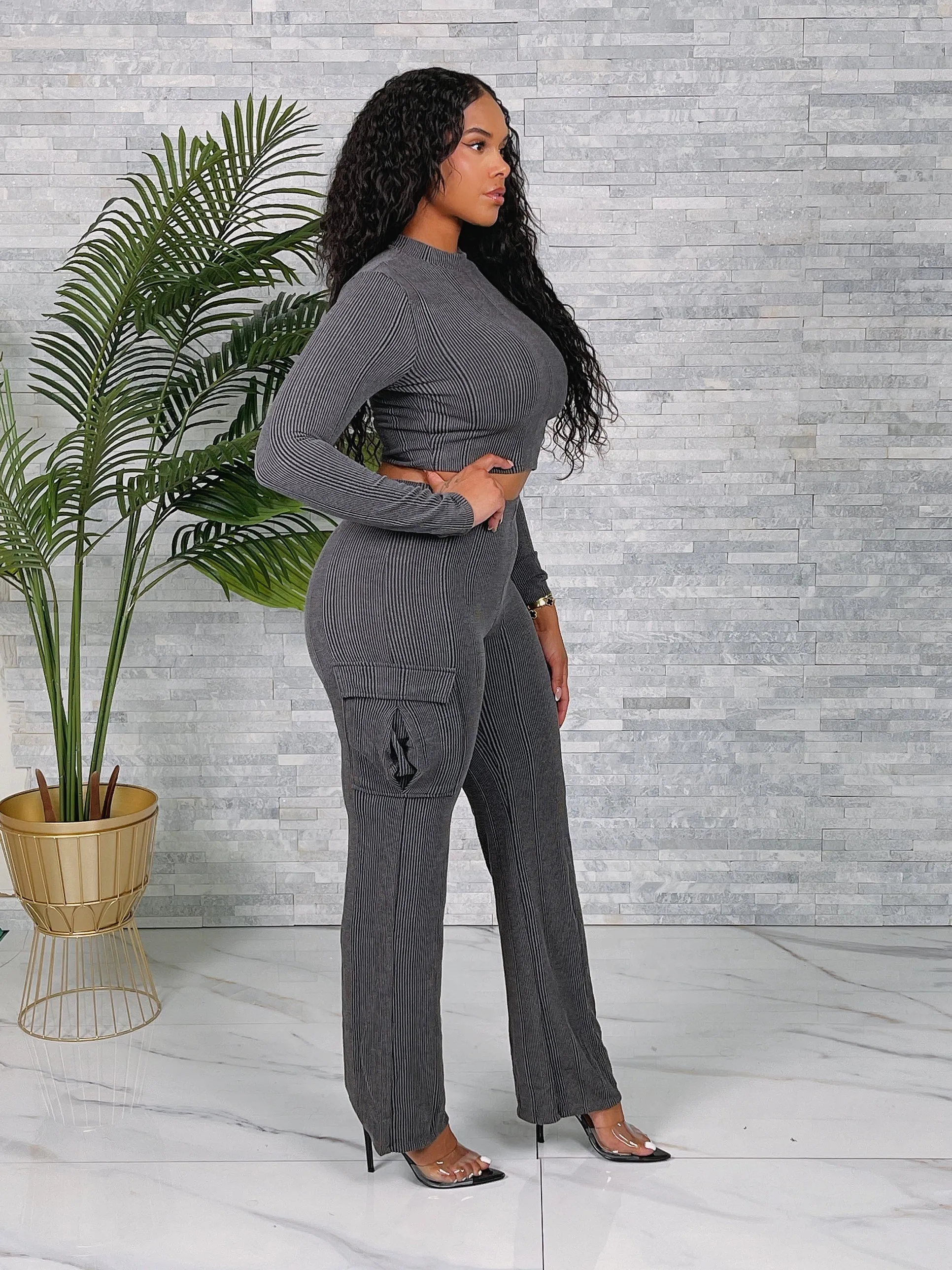 ST3880SETP-Rib LS Top & Cargo Pants Set