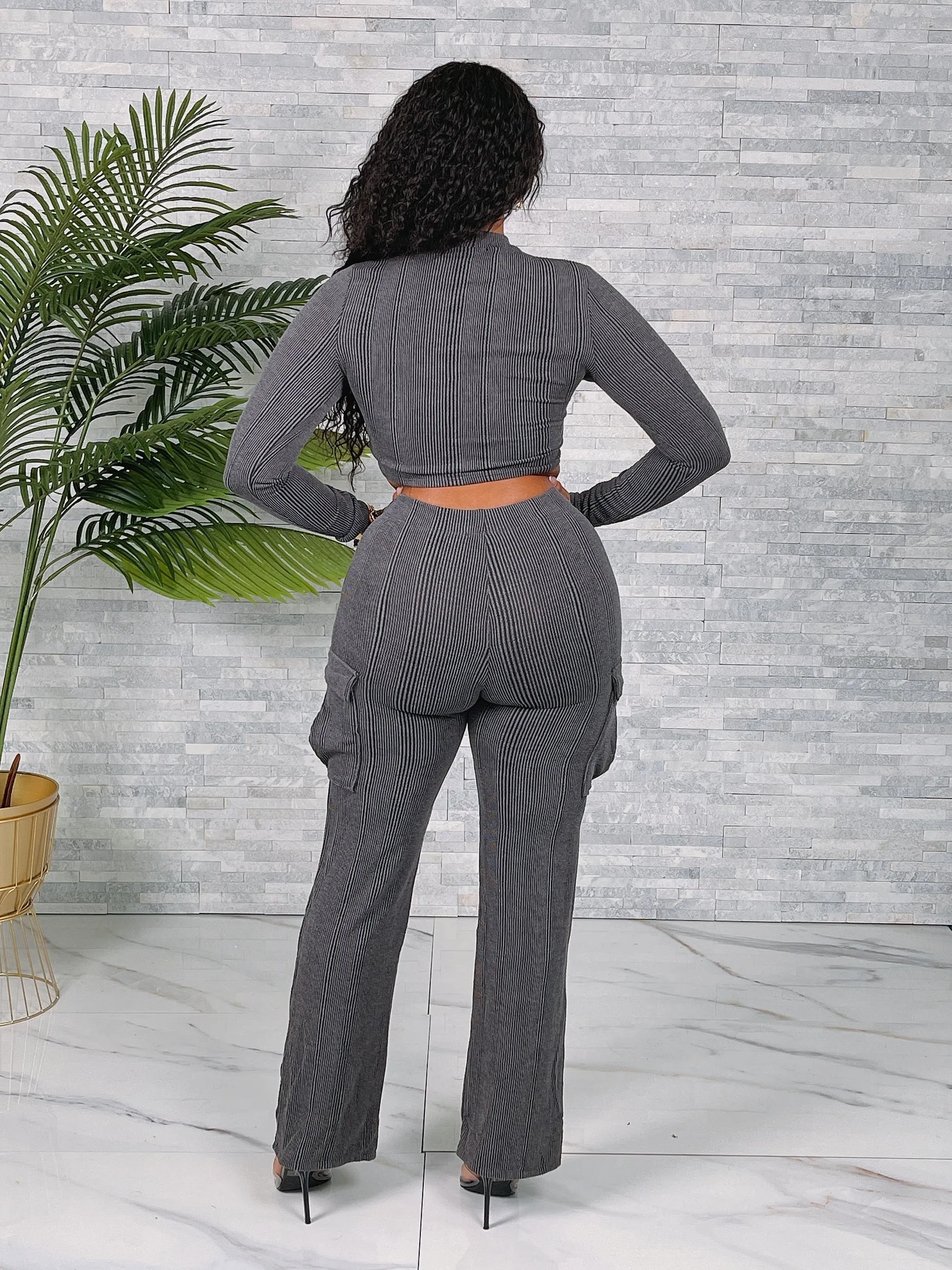 ST3880SETP-Rib LS Top & Cargo Pants Set