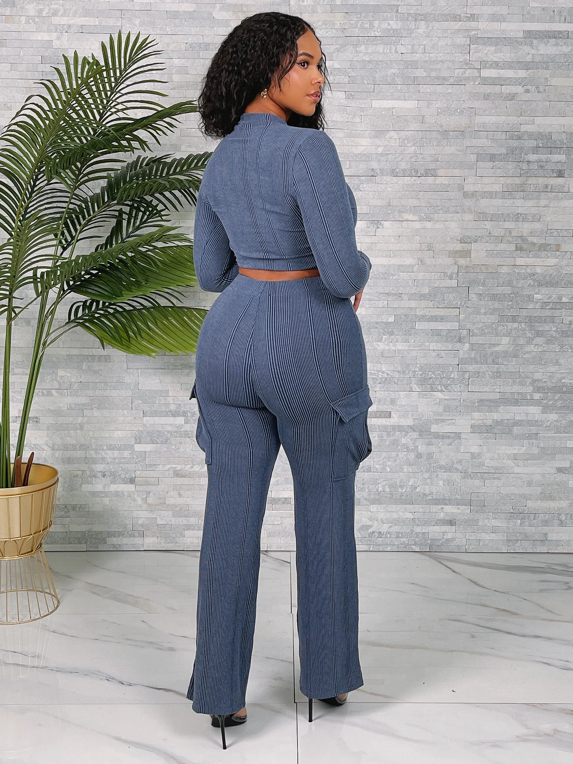 ST3880SETP-Rib LS Top & Cargo Pants Set