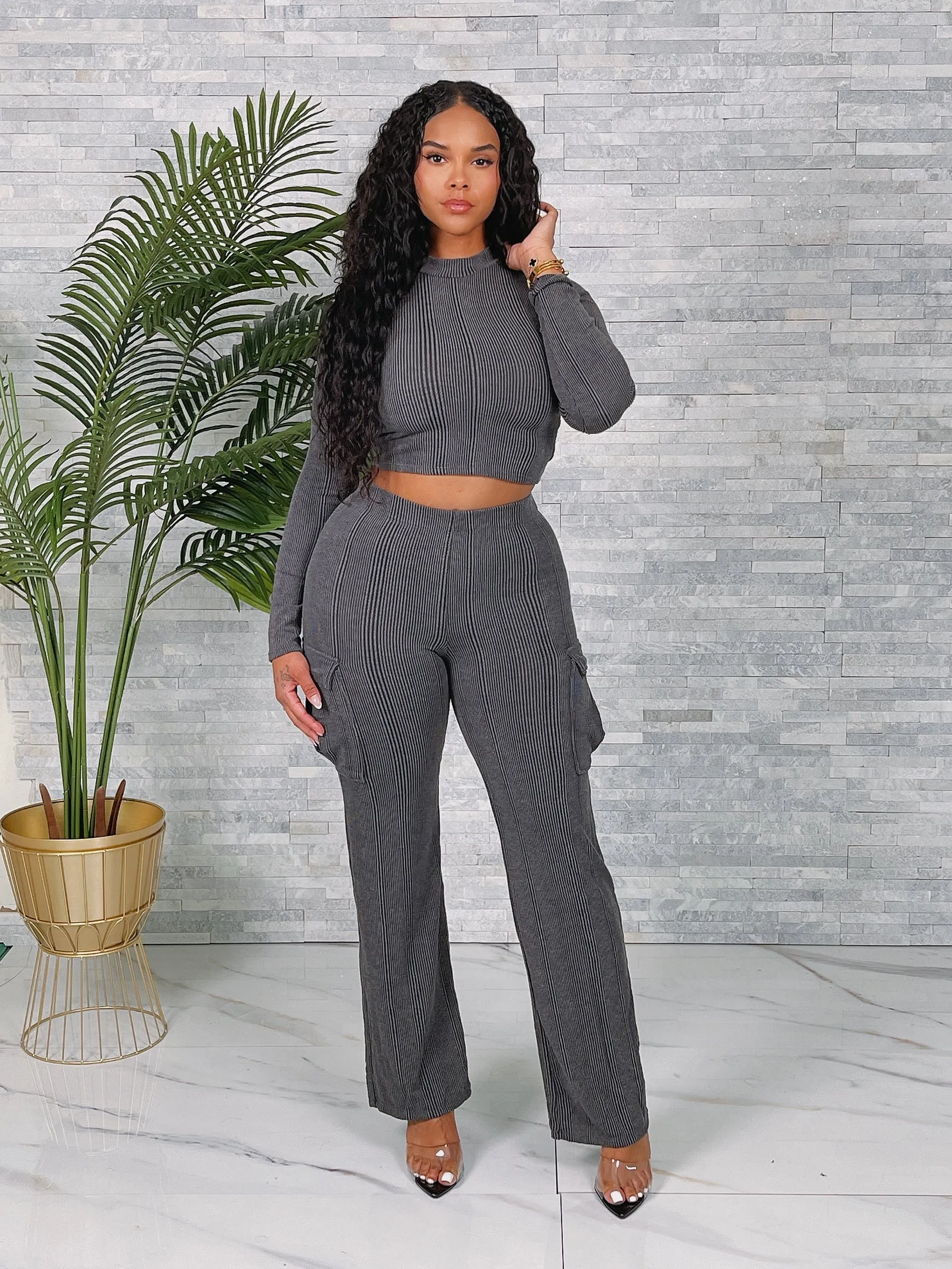 ST3880SETP-Rib LS Top & Cargo Pants Set