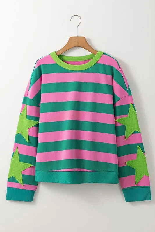 Stripe Patchwork Round Neck Pullover Sweatshirt