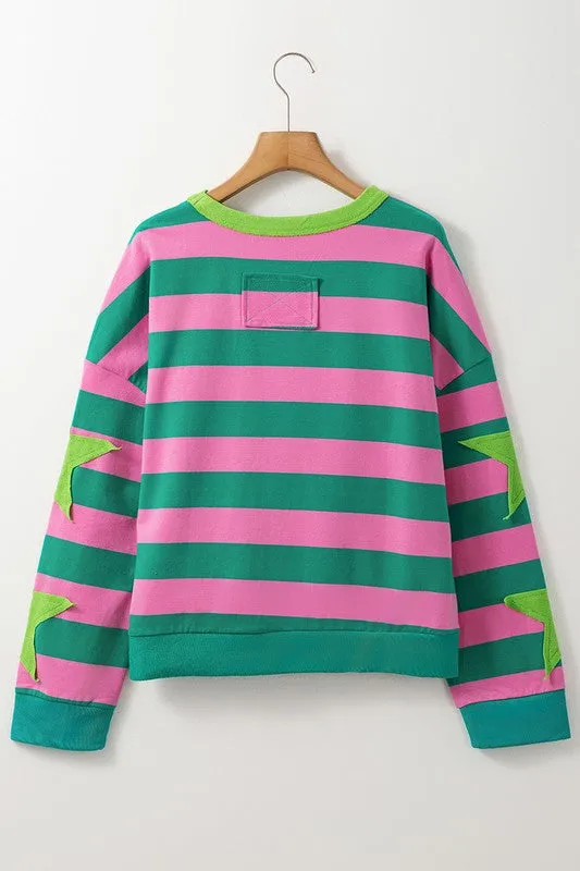 Stripe Patchwork Round Neck Pullover Sweatshirt