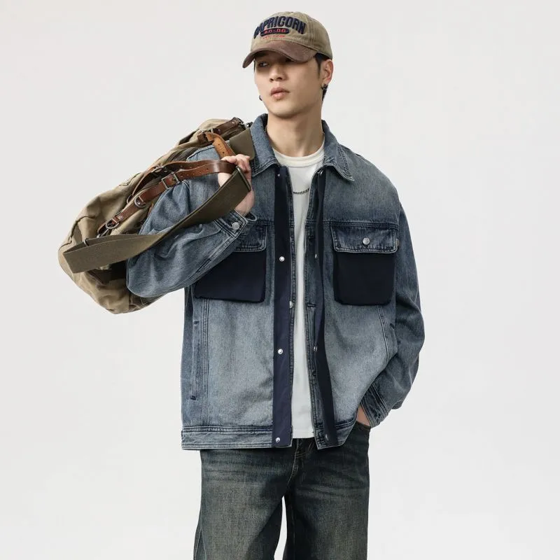 Stylish Relaxed-Fit Color-Blocked Trucker Jacket for Men
