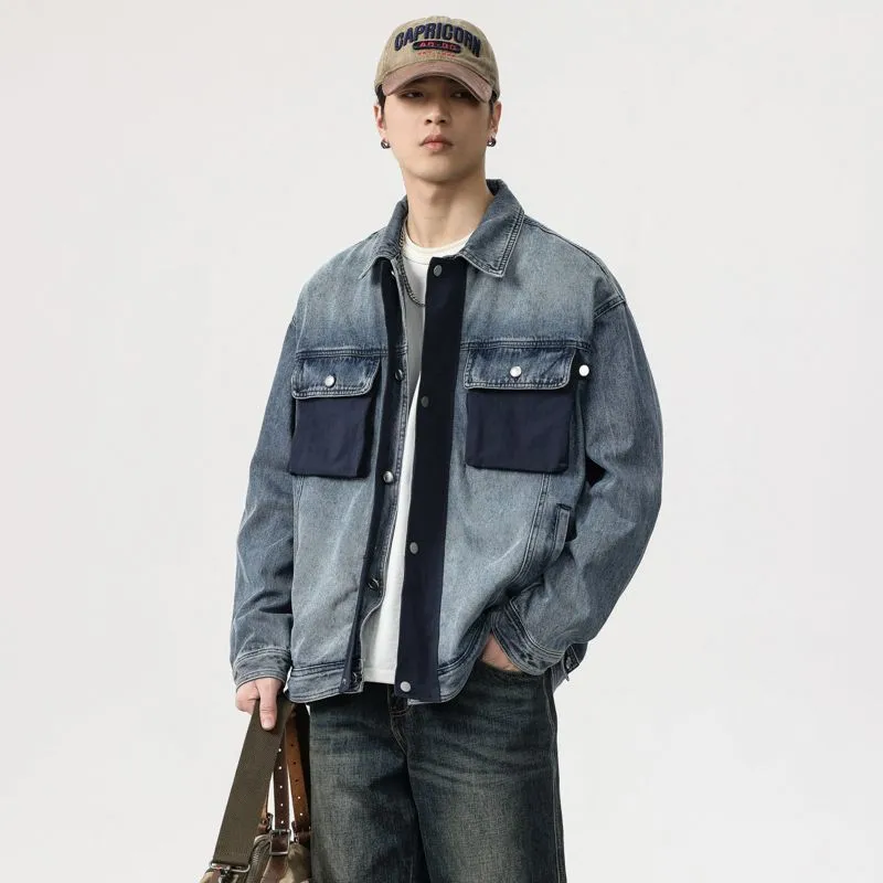 Stylish Relaxed-Fit Color-Blocked Trucker Jacket for Men