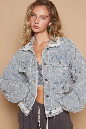 Textured Hem Long Sleeve Light Denim Jacket
