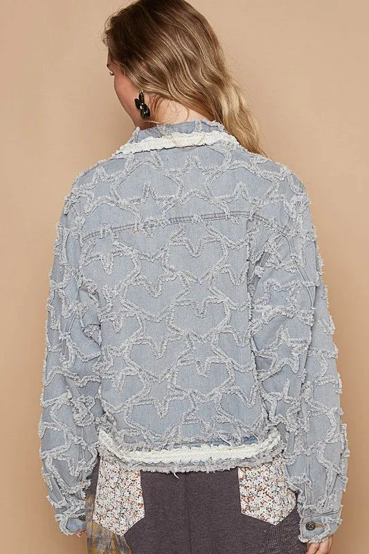 Textured Hem Long Sleeve Light Denim Jacket