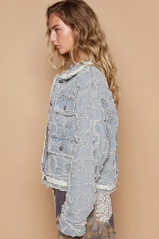 Textured Hem Long Sleeve Light Denim Jacket