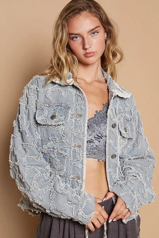 Textured Hem Long Sleeve Light Denim Jacket