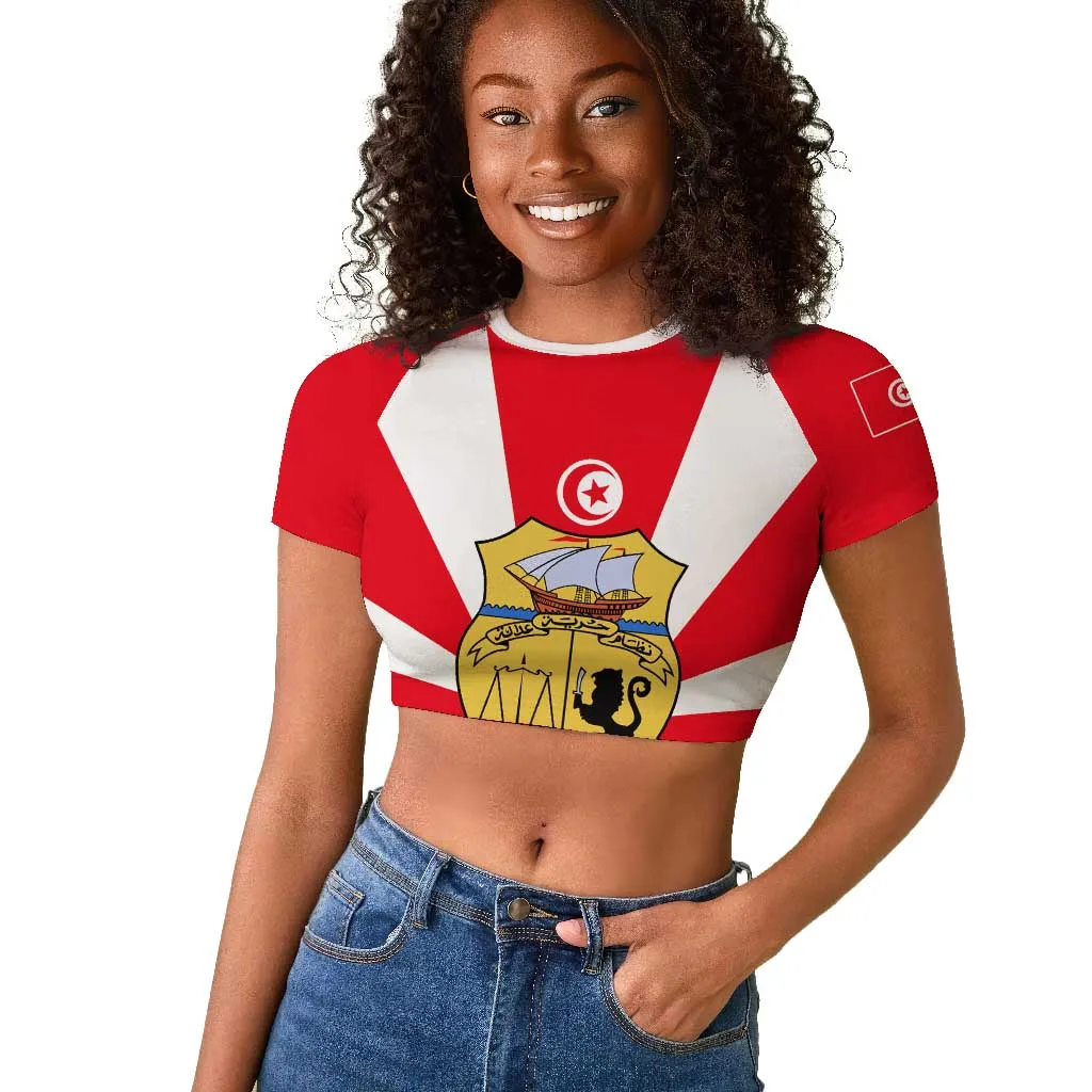 Tunisia Independence Day Raglan Cropped T shirt with Coat of Arms and Flag Style LT01