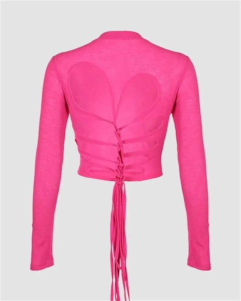 Tying At The Back Pink Ribbed Top