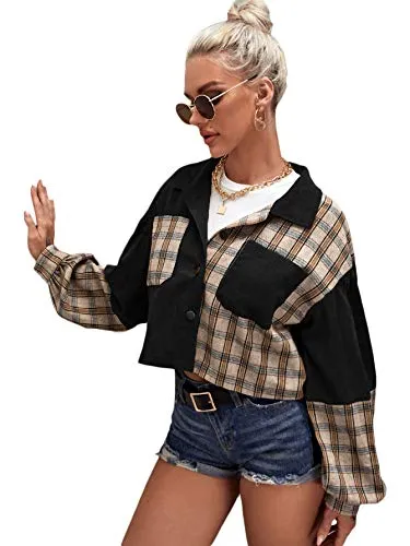 Verdusa Pocket Front Plaid Corduroy Jacket