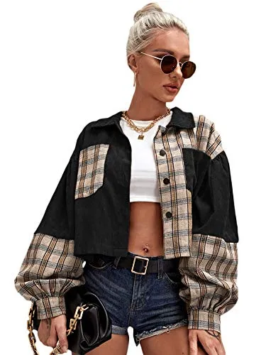 Verdusa Pocket Front Plaid Corduroy Jacket