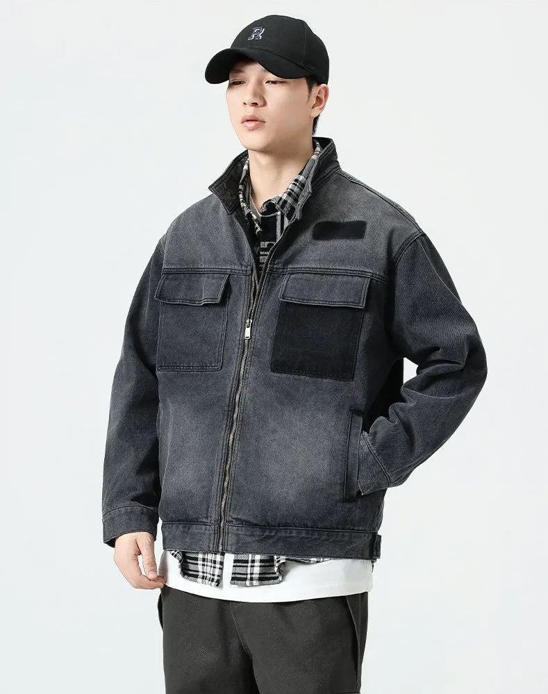 Vintage Patchwork Flap Pocket Denim Jacket for Men