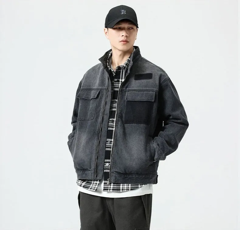 Vintage Patchwork Flap Pocket Denim Jacket for Men