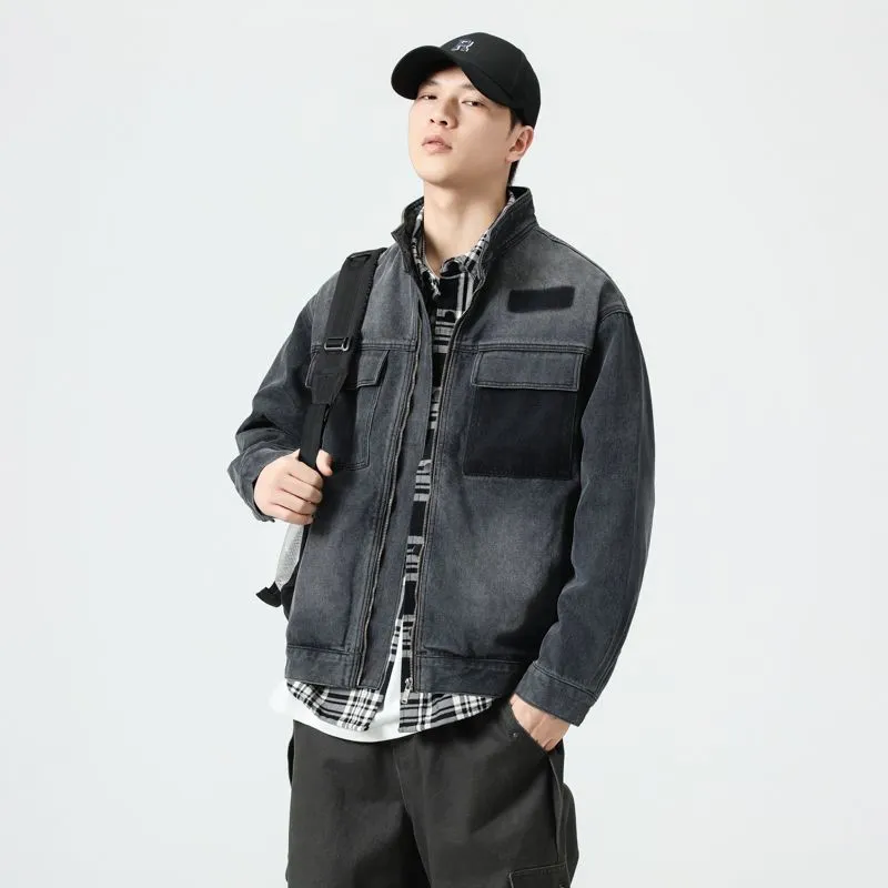 Vintage Patchwork Flap Pocket Denim Jacket for Men