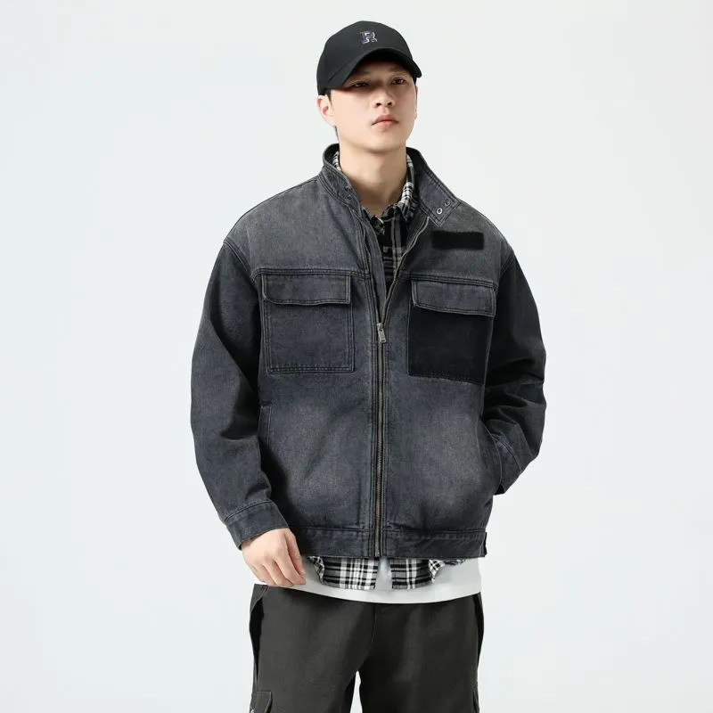 Vintage Patchwork Flap Pocket Denim Jacket for Men