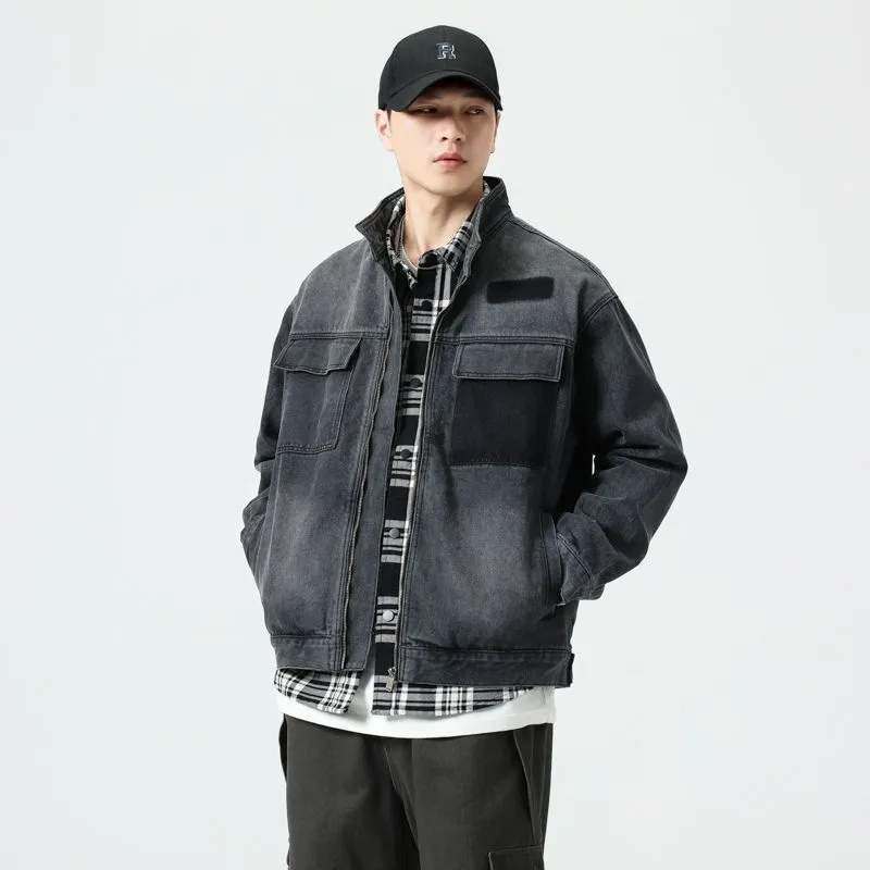 Vintage Patchwork Flap Pocket Denim Jacket for Men