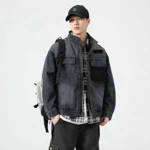 Vintage Patchwork Flap Pocket Denim Jacket for Men