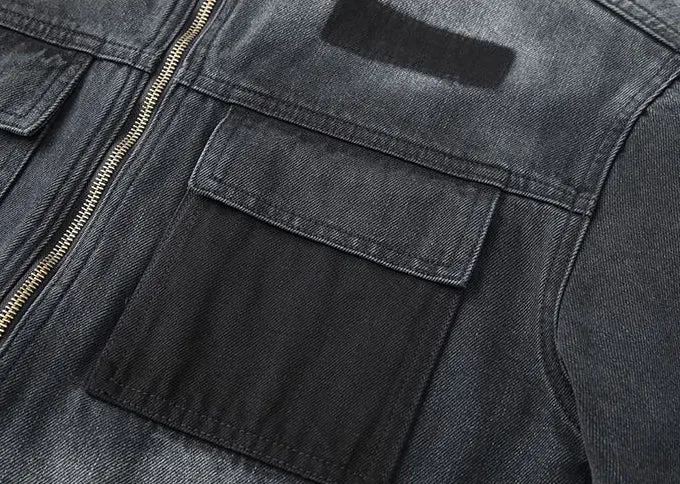 Vintage Patchwork Flap Pocket Denim Jacket for Men